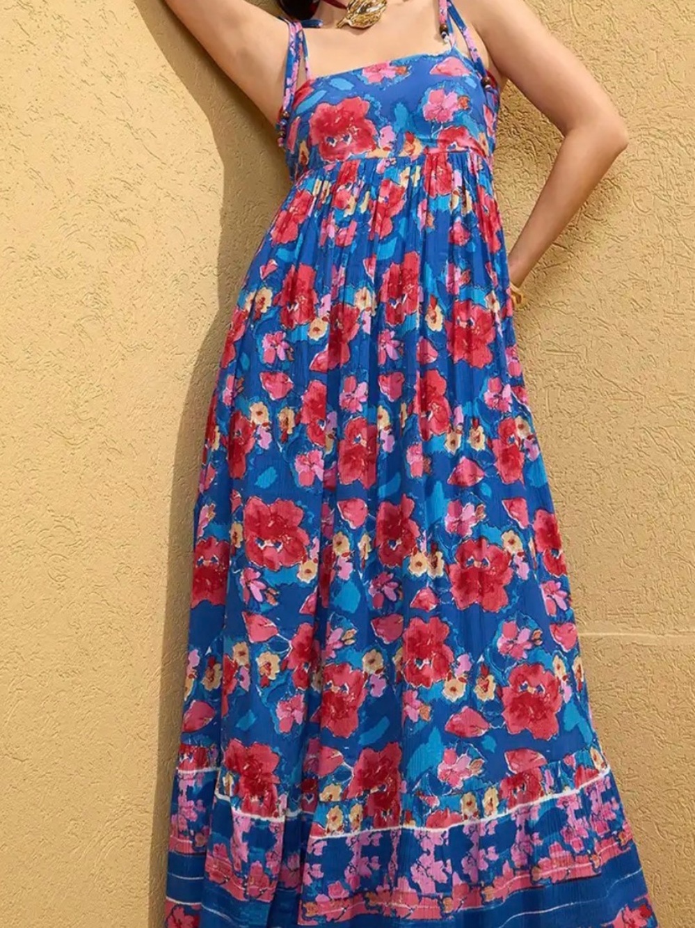 Blue Floral Maxi Dress with Pink & Red Blooms